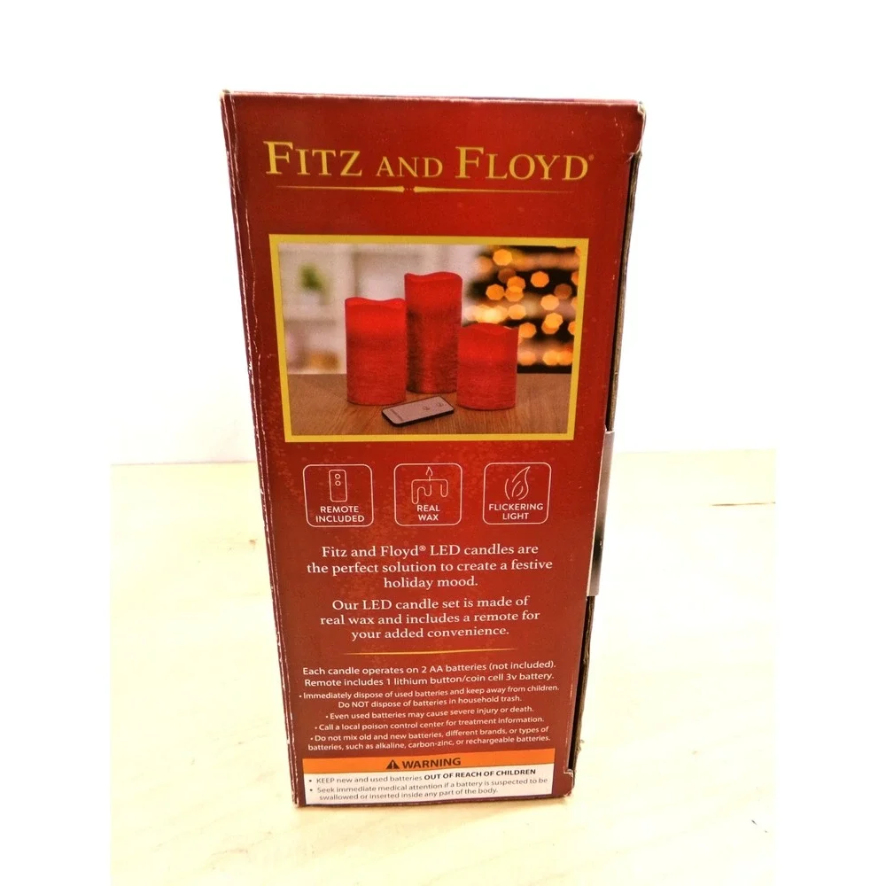 Fitz and Floyd LED Candle Set with‎ Remote Made with Real Wax Set of 3 Red New